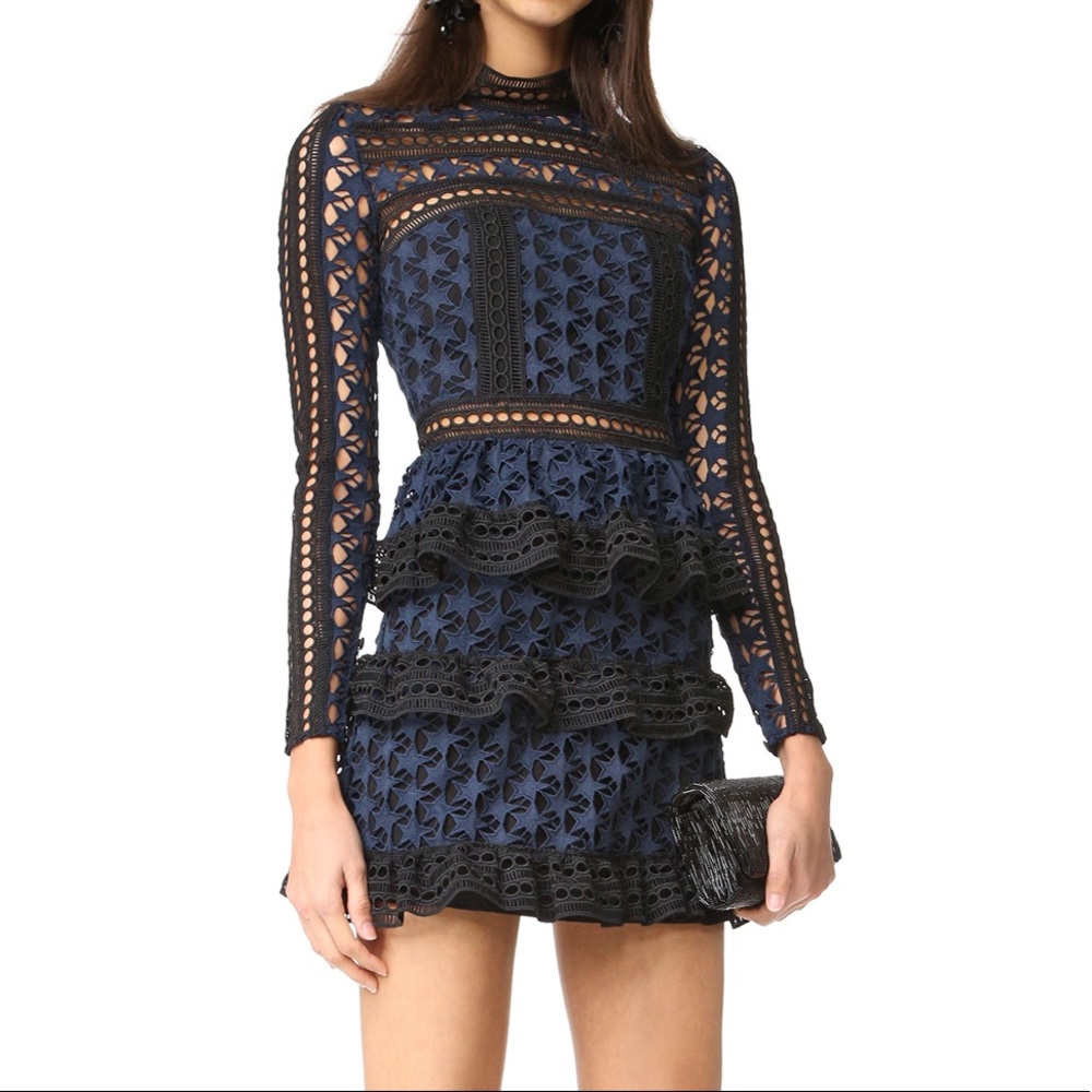 Self-Portrait Navy and Black Lace Tiered Mini Dress